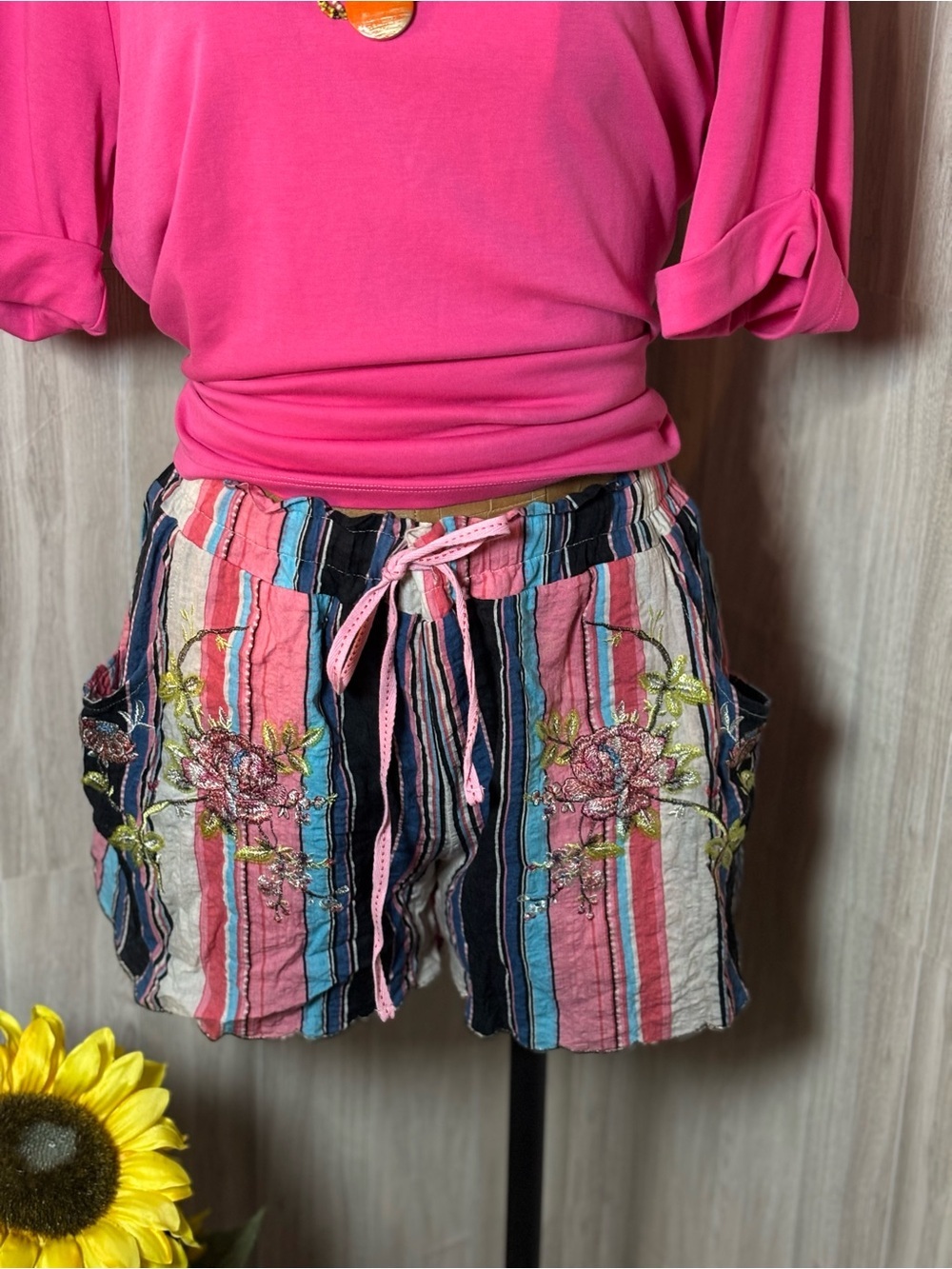 Aratta Silent Journey Embroidered Striped Shorts Excellent Condition